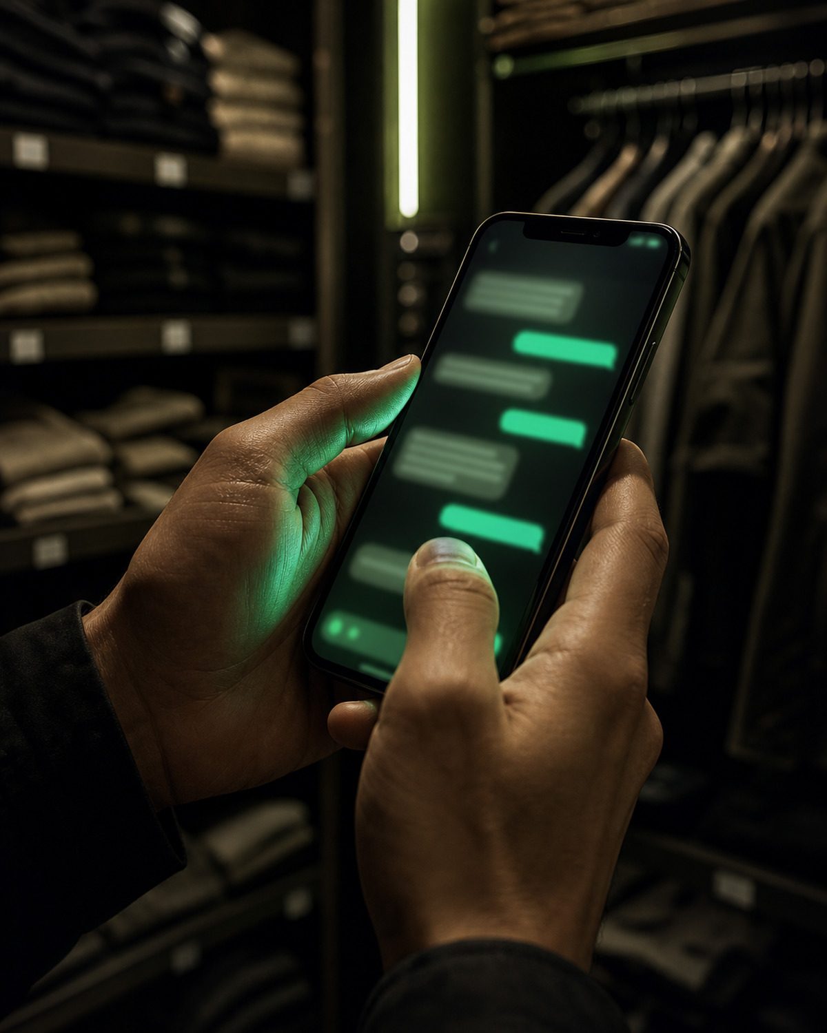 Mãos segurando um smartphone com uma conversa em andamento, no estoque de uma loja de roupas